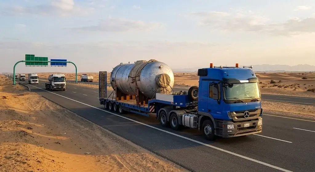 Heavy truck hauling a large steel tank on a desert highway