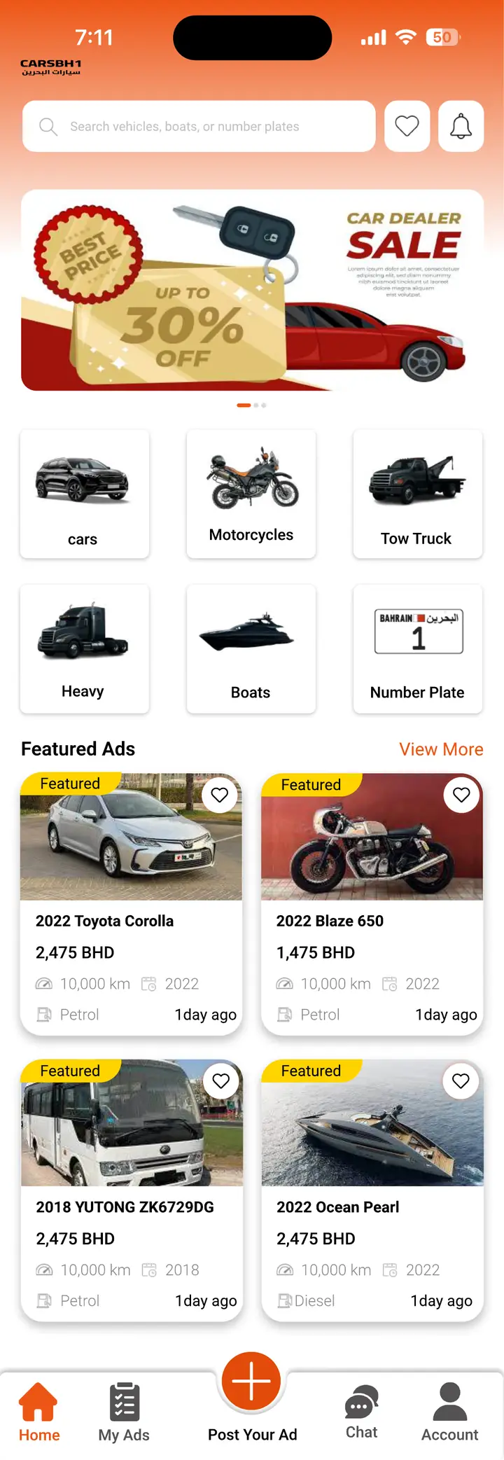 CarsBH1 app home screen with search, six categories and featured ads